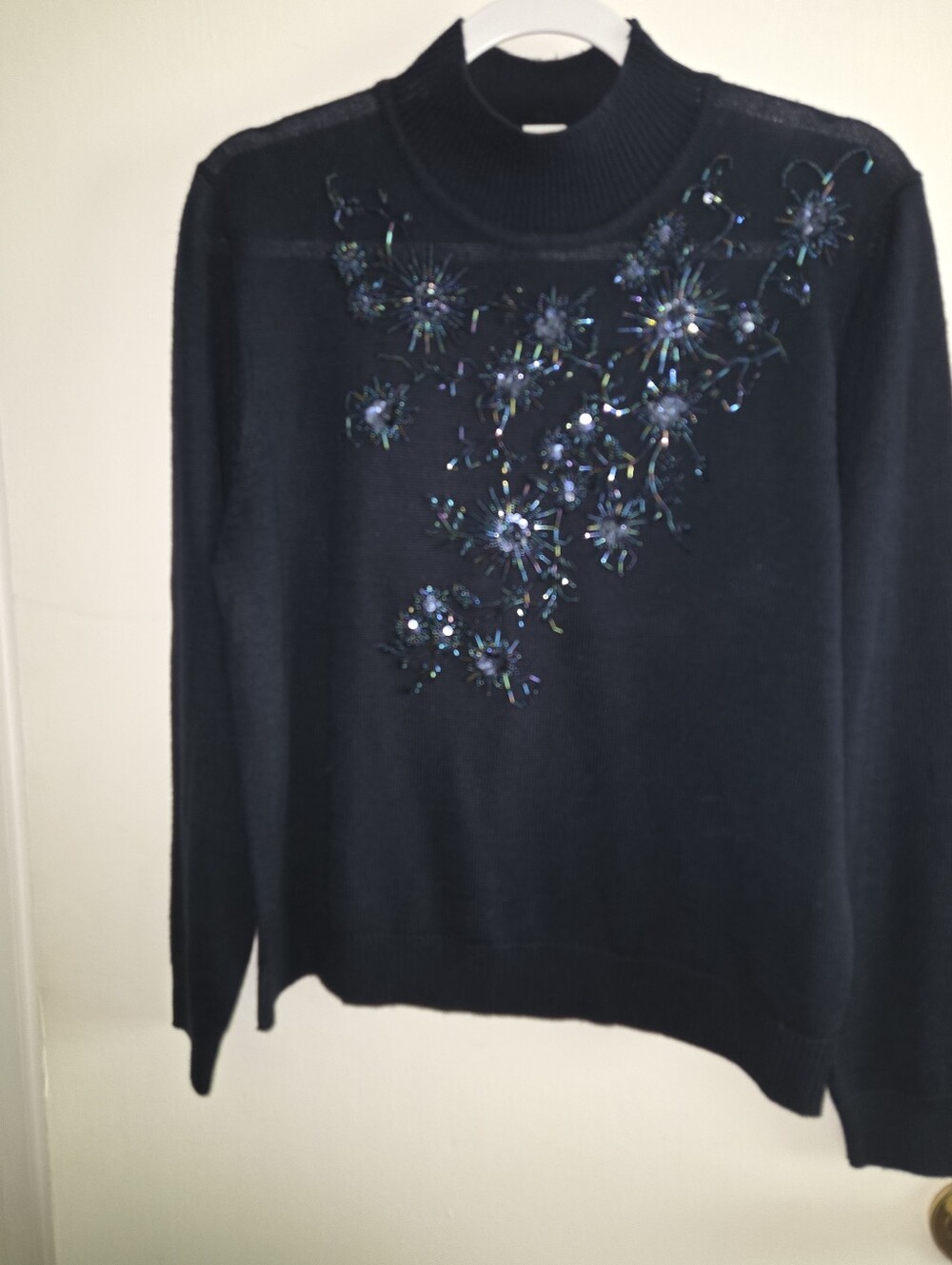 Alfred Dunner Black Mock-Neck Sweater with Iridescent Floral Embellishment